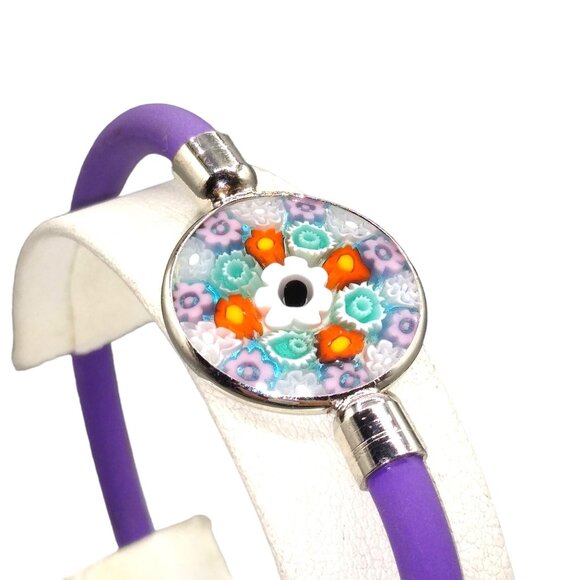 Millefiori Disc Silicone Bracelet, Purple and Flowers, Gift for Her, Murano Glas - Picture 1 of 4